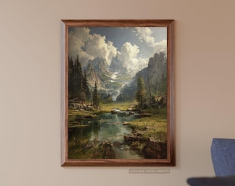 Pintura de paisaje rústico de valle montañoso, arte mural imprimible, pintura digital de río de montaña, impresión de río de bosque de montaña, GV5425