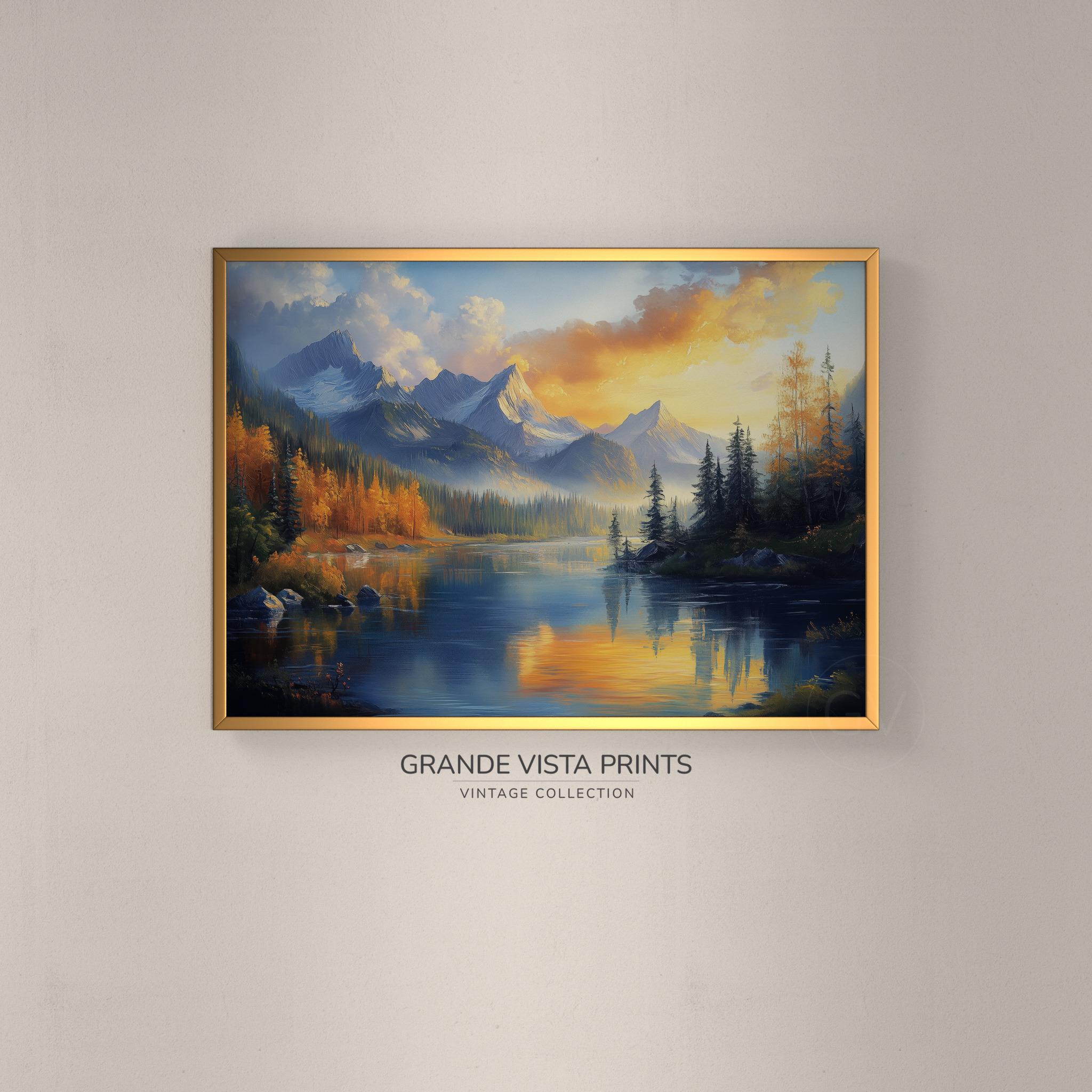 Mountain River Sunset Painting Wall Art | Mountain Landscape Printable Poster | GV4900