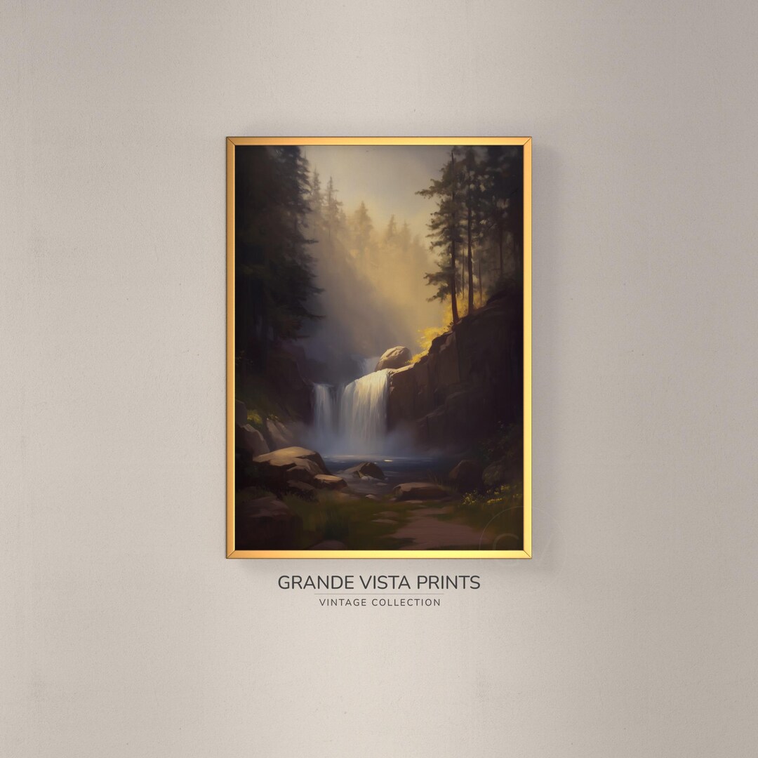 Sunset Mountain Waterfall Painting Printable Wall Art, Mountain