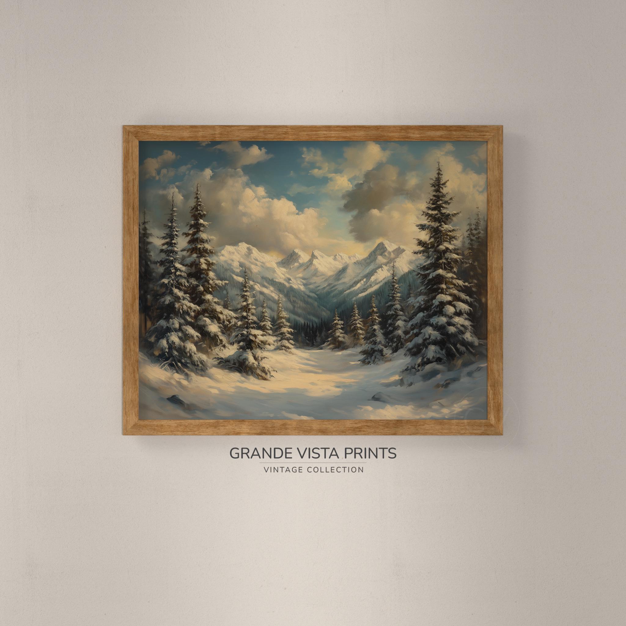 Snowy Winter Mountain Landscape Painting, Rustic Cabin Wall