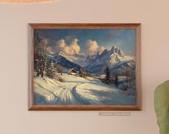 Winter Mountain Village Wall Art, Alpine Country Landscape Painting Instant Download, Snowy Highlands Nature Poster Digital Print, GV4746