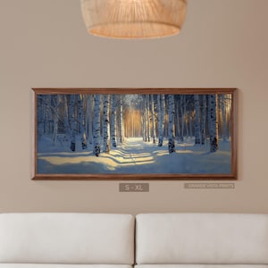 Utskrivbart panorama av vinterskogslandskap, kall skogspanorama direkt nedladdning, digitalt tryck av ljusa skogar, GV5980