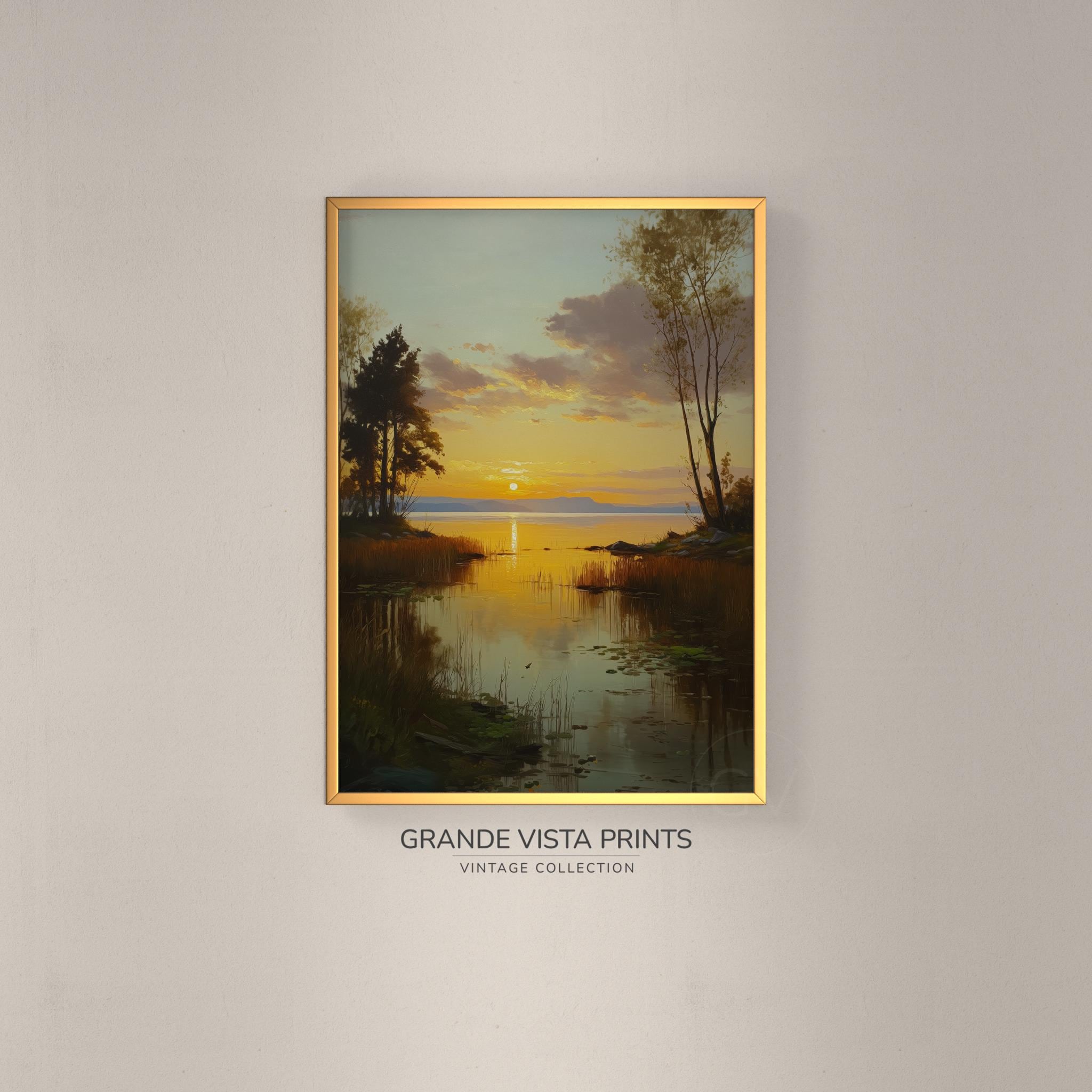 Sunset Lake Forest Painting Printable Wall Art, Vintage Lake Landscape Painting Wall Decor, Lake House Decor Digital Download, GV5401