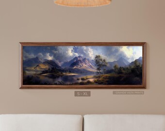 Moody Mountain Panorama Landscape Printable Wall Art, Wide Nature Painting Digital Print, Twilight Country Decor Instant Download, GV5973