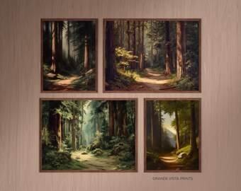 Set di 4 stampe di paesaggi forestali da parete, set di quattro dipinti di paesaggi naturali, stampa digitale di decorazioni murali boschive, GV5910