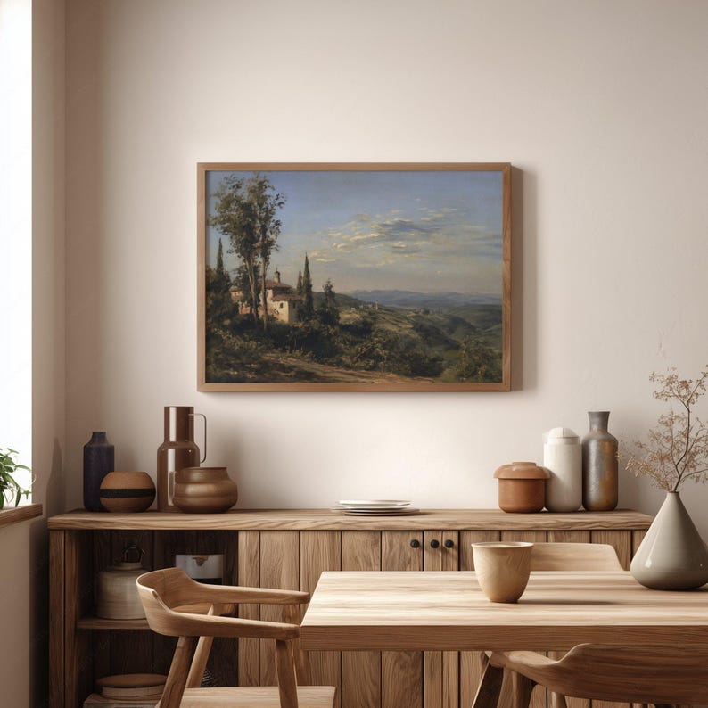 High quality high-resolution printable poster of a countryside landscape painting. European village painting, clear sky, village house, trees, hills and dunes, dark greens.