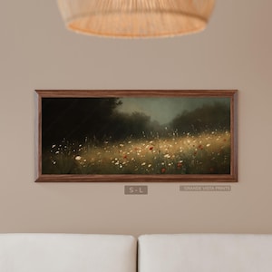 Cuadro imprimible de flores silvestres panorámicas y melancólicas, póster de naturaleza amplia y melancólica, descarga instantánea, impresión digital de paisaje rural oscuro, GV6352