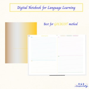 May include: A digital notebook designed for language learning, specifically for the GOLDLIST method. The notebook has two columns with lined pages and headers for "Date", "Gold List", "Review", "Spaced Repetition", and "New Words".