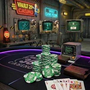 May include: A casino scene with a poker table, stacks of green and white casino chips, and playing cards. The table has the text "Lucky 38 Casino". Neon signs read "Vault 21 Casino" and "Vault Game Room". Retro computer monitors are visible.
