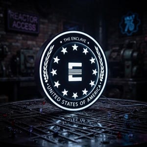 May include: A circular LED sign featuring the Enclave logo with a stylized letter E in the center, surrounded by a ring of thirteen white stars and two laurel branches. The text THE ENCLAVE and UNITED STATES OF AMERICA is printed in white.
