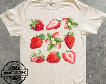 Bonita camiseta de fresa Comfort Colors®, camiseta de verano con fresas, regalo para amantes de la fruta, camiseta estética de jardín botánico para amantes de las fresas.