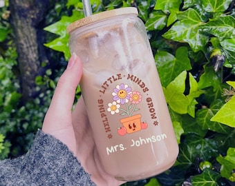 Personalized Boho Iced Coffee Cup 16oz Custom Glass Tumbler With Lid And Straw Teacher Appreciation Gift Class Of 2024 3rd Grade Teacher