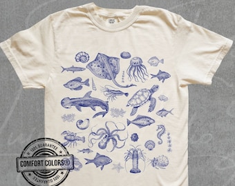 Vintage Ocean 90s Tattoo Sea Animal Comfort Colors® Tshirt Retro Ocean Nature Shirt Sealife Ocean Whale Orca Shirt Unisex Baggy Adult Tee