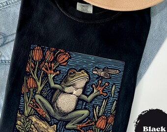 Frog Linocut Comfort Colors® Retro, Block Print Old School, Amphibian Lover, Unisex Cute Frog Tee, Frogs Shirt, Oversize Tshirt, Boho Style