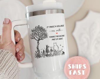 Teacher 40oz Tumbler, It Takes A Village Teacher Tumbler with Handle Personalized Teacher Appreciation Gift Custom Thank You Teacher Gift