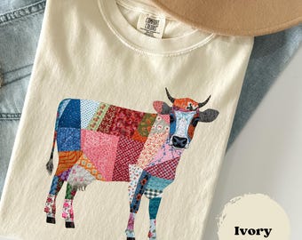 Cow Faux Quilted Patchwork Comfort Colors® Retro Cow Lover Tee, Unisex Cute Cow Tee, Patchwork Style Oversize Shirt, Romantic Farmer Shirt