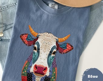 Cow Faux Quilted Patchwork Comfort Colors® Retro Cow Lover Tee, Unisex Cute Cow Tee, Patchwork Style Oversize Shirt, Romantic Farmer Shirt