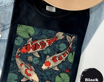 Koi Linocut Style Comfort Colors®, Retro Koi Shirt, Fish Tee, Y2k Vintage Graphic, Unisex Cute Koi Tee, Koi Fish Lover Shirt, Gift For Her