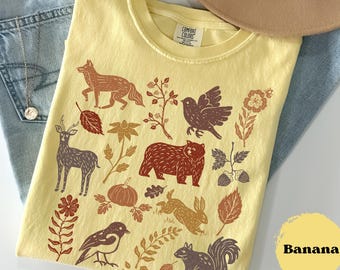 Linocut Shirt, Vintage Botanical Fall Women Shirt, Comfort Colors®, Retro Print Tee, Woodcut Stamp Tshirt, Cottagecore Boho