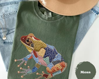 Frog Faux Quilted Patchwork Comfort Colors® Retro Frog Lover Tee, Unisex Cute Frog Tee, Patchwork Style Oversize Shirt, Cute Amphibian Shirt