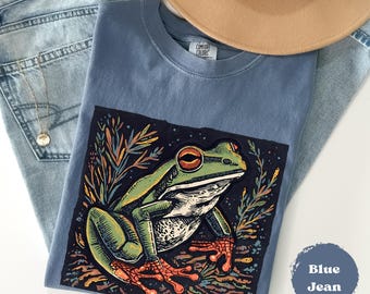 Linocut Frog Comfort Colors® Retro, 90s Old School, Amphibian Lover, Unisex Cute Frog Tee, Frogs Shirt, Oversize Tshirt, Boho Gift For Him