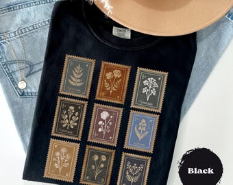 Flower Shirt, Vintage Postage Stamp, Wildflower Women Shirt, Comfort Colors®, Boho Cottagecore, Vintage Y2k Plant Lovers, Gift For Gardener