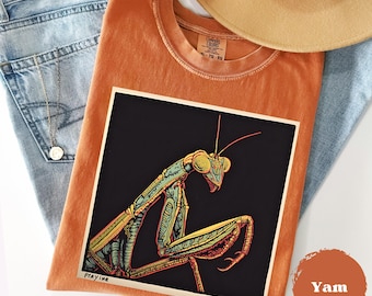 Praying Mantis Comfort Colors® Retro Linocut, Old School, Y2k Vintage Graphic, Unisex Cute Mantis Tee, Praying Mantis Shirt, Gift For Her