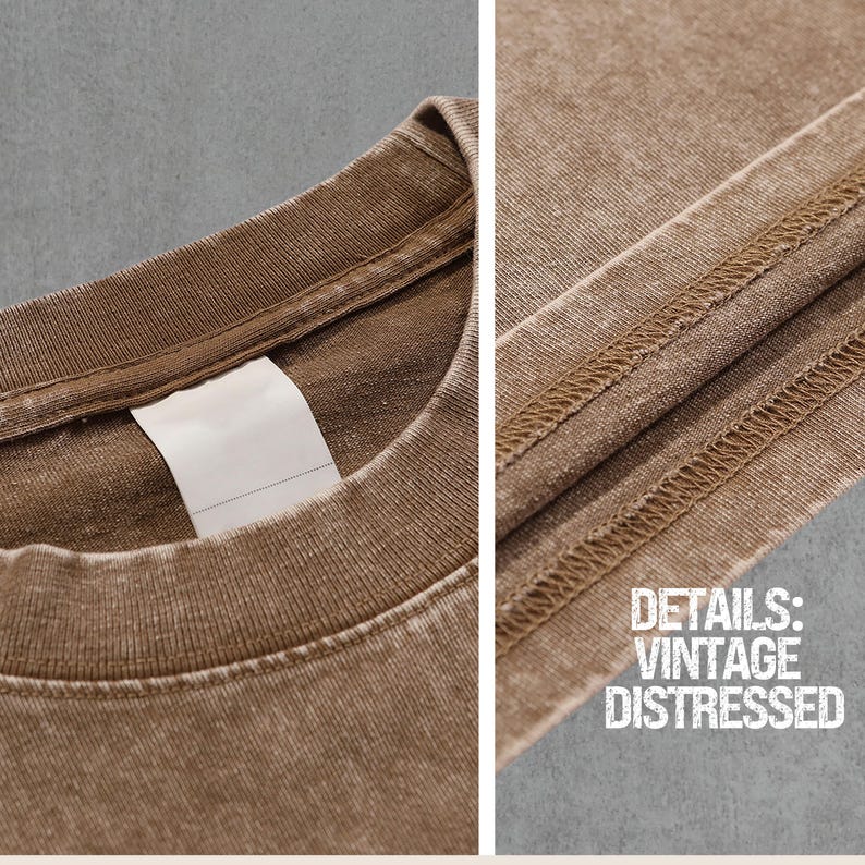 Puede incluir: Primer plano de una camiseta marr&oacute;n con un aspecto vintage desgastado. La camiseta tiene cuello redondo y una etiqueta blanca cosida en el escote. El texto "DETAILS: VINTAGE DISTRESSED" es visible en la esquina inferior derecha de la imagen.