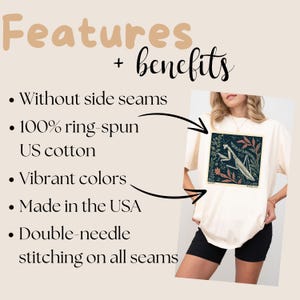 May include: Cream-colored t-shirt with a square graphic of a praying mantis in a dark green and rust-colored design. The shirt has features like no side seams, 100% ring-spun US cotton, vibrant colors, and double-needle stitching.