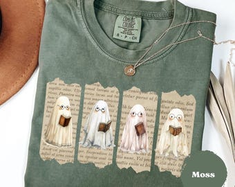 Halloween Ghost Reading Books, Comfort Colors® Tee, Librarian Ghost, Spooky Season Tee, Cute Retro Ghost Tee, Teacher Shirt, Gift for Her