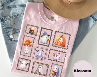 Cute Girls Halloween Comfort Colors® Tee, Cute Ghosts Shirt, Halloween Vintage Tshirt, Pumpkin Lovers, Autumn Post Stamp, Fall Gift for Her