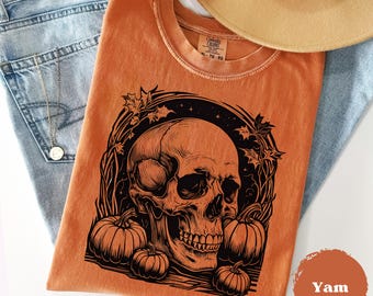 Linocut Skull Design, Halloween Comfort Colors® Tee, Block Print, Retro Fall Shirt, Halloween Vintage Pumpkin Tshirt, Retro Autumn Skeleton