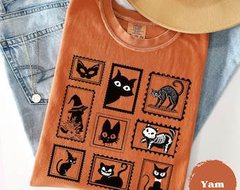 Halloween Black Cat Comfort Colors® Tee, Cute Cats Shirt, Halloween Vintage Tshirt, Spooky Season Tee, Post Stamp Tee, Cat Halloween Gift