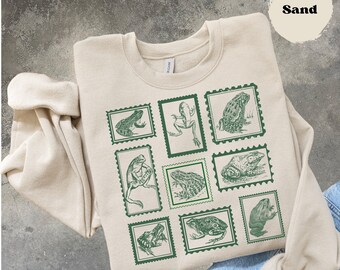 Retro Frogs Sweatshirt, Vintage Stamp Crewneck, Frog Women Shirt, Boho Cottagecore, Vintage Postage Stamp, Tattoo 90s Frog, Amphibian Lover