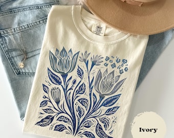 Linocut Shirt, Vintage Flower, Botanical Women Shirt, Comfort Colors®, Retro Block Print Tee, Woodcut Stamp Tshirt, Cottagecore Boho