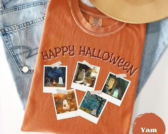 Cute Ghost in Polaroid Shirt Spooky Fall Aesthetic Halloween Floral Tee Retro October Graphic T-Shirt Cozy Ghostcore Gift Comfort Colors®