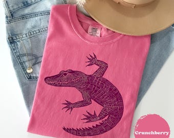 Linocut Shirt, Vintage Alligator, Crocodile Women Shirt, Comfort Colors®, Retro Block Print Tee, Woodcut Stamp Tshirt, Cottagecore Boho