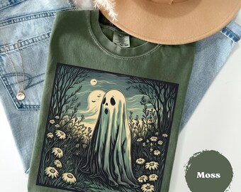 Halloween Ghost, Comfort Colors® Tee, Ghost Shirt, Linocut Ghost Tshirt, Gift for Ghost Lover, Block Print, Halloween Shirt, Ghost Lover Tee