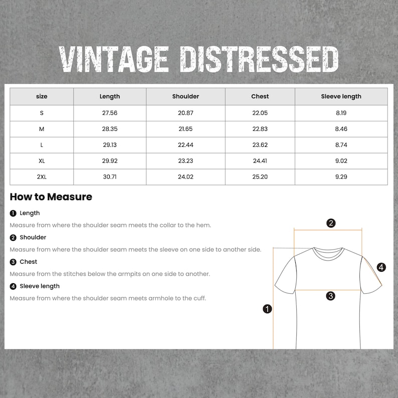 Puede incluir: Una tabla de tallas para una camiseta vintage desgastada con medidas en pulgadas para la longitud, el hombro, el pecho y la longitud de la manga. La tabla incluye las tallas S, M, L, XL y 2XL.