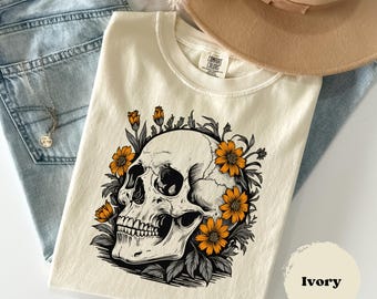 Linocut Skull Design, Halloween Comfort Colors® Tee, Block Print, Retro Fall Shirt, Halloween Vintage Pumpkin Tshirt, Retro Autumn Skeleton