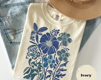 Linocut Shirt, Vintage Flower, Botanical Women Shirt, Comfort Colors®, Retro Block Print Tee, Woodcut Stamp Tshirt, Cottagecore Boho