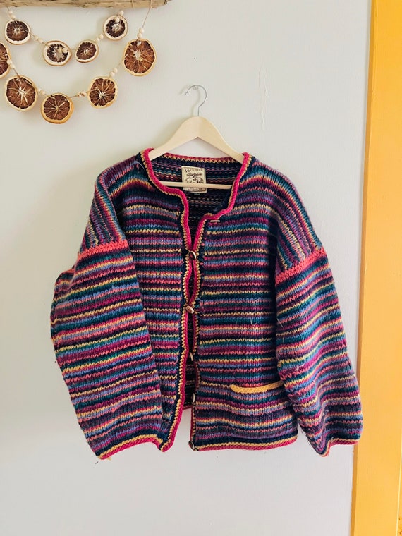 Woolies Rainbow Striped Knit Wool Jacket, Size XL