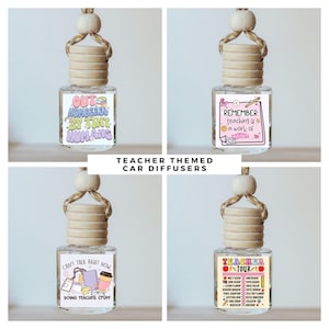 May include: Four car air fresheners with teacher-themed designs. The designs include: "Outnumbered by Tiny Humans", "Remember teaching is a work of heart", "Can't Talk Right Now, Doing Teacher Stuff", and "Teacher In Tour" with a list of teacher tasks.