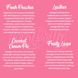 May include: A pink informational graphic featuring four fragrance descriptions: Fresh Peaches, Leather, Coconut Cream Pie, and Fruity Loops. Each section includes a title in white script font followed by a detailed text description of the scent profile.