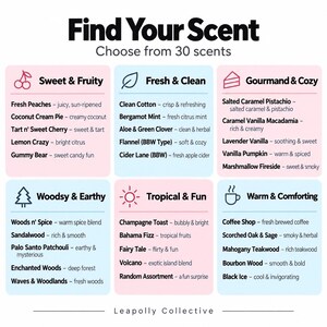 May include: A scent menu titled Find Your Scent Choose from 30 scents by Leapolly Collective. It features six categories: Sweet & Fruity, Fresh & Clean, Gourmand & Cozy, Woodsy & Earthy, Tropical & Fun, and Warm & Comforting, each listing five specific fragrance options.