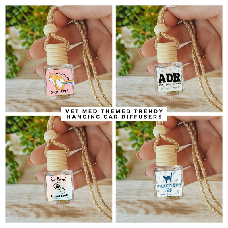 May include: Four small glass car diffusers with wooden caps and hanging cords. Each bottle features a unique graphic: a corgi with a rainbow, the text ADR but trying my best, a stethoscope with a paw print, and a cat silhouette with FRACTIOUS AF.