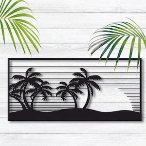 Palm Trees and Sunset Metal Wall Art, Tropical Beach Sunset Wall Decor, Tropical Modern Metal Art for Living Room, Bedroom, Tropical Art 2