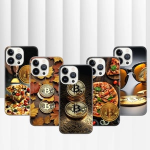 May include: A collection of black phone cases with various designs. Some cases feature Bitcoin coins, pizza, and autumn leaves. The cases have a glossy finish and are designed for a smartphone.