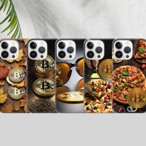 May include: A collection of phone cases with various designs. One case features Bitcoin coins and autumn leaves. Another showcases Bitcoin coins on a gold background. Other cases display sunglasses, pizza, and Bitcoin coins. The cases are designed for a smartphone.
