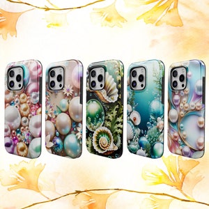 May include: Five phone cases with unique designs featuring pearls, seashells, and floral elements. The cases showcase a variety of colors, including pink, white, blue, and green. Each case has a glossy finish and a protective bumper.